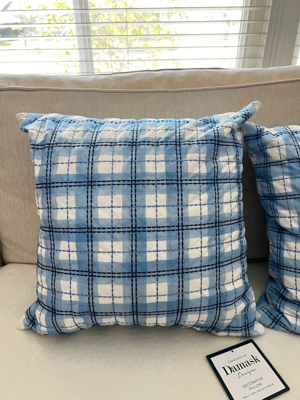 2 Charter Club Damask Designs Decorative Pillow 18x18 Blue/White Plaid Cotton